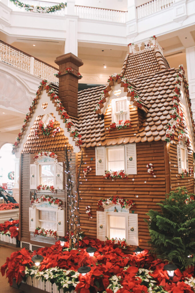 The life-size gingerbread house is the main feature of the Disney's Grand Floridian's Christmas decorations