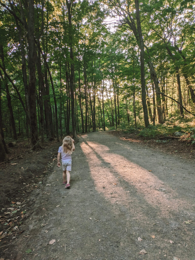 A toddler walking in one of the best hiking trails in Gatineau Park for families - Sugarbush Trail
