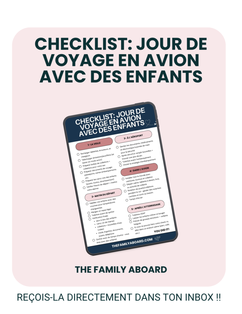 Image promo de la checklist pour le jour de voyage en avion avec des enfants de The Family Aboard.