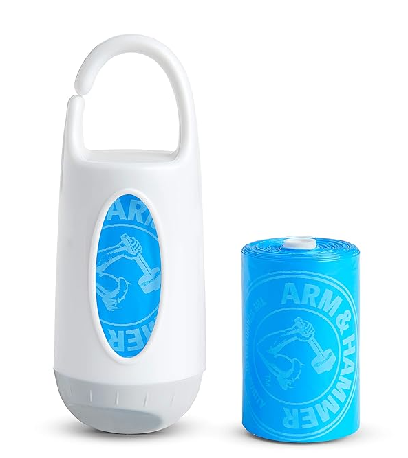 Arm & Hammer Diaper Bag Dispenser with a roll of blue diaper trash bags on the right side. It's always on our family hiking essentials list.