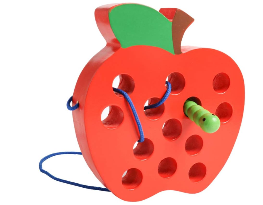 Red apple lacing toy with a green worm peeking through a whole in the middle of the apple. It's a perfect screen-free airplane toy for toddlers.