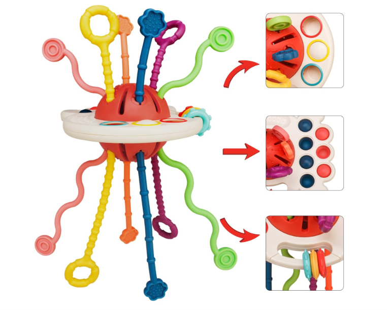 Colorful silicone sensory pull toy. It's a perfect airplane travel toy foryounger toddlers.