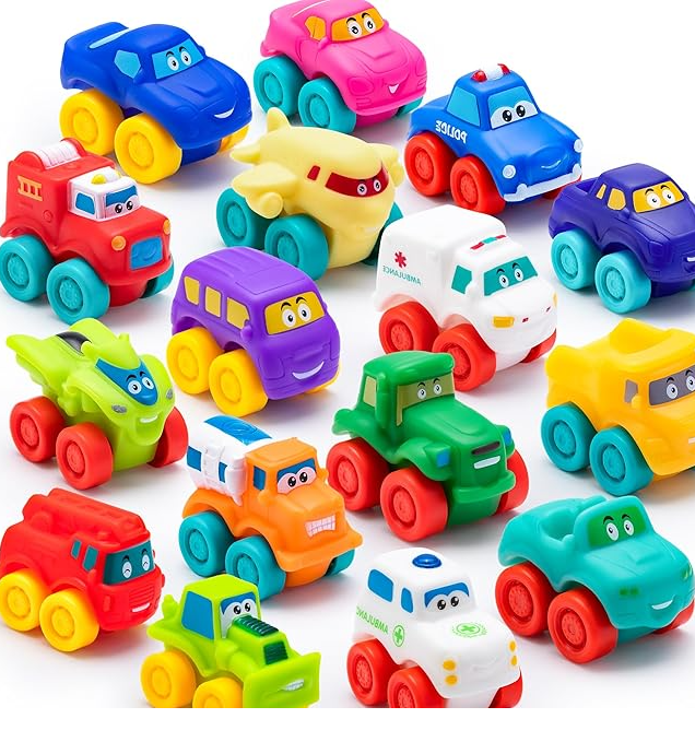 A collection of colorful small rubber toy cars for toddlers.