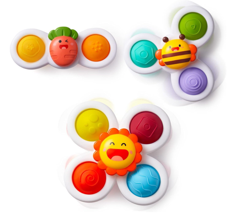 Three suction figdet spinner toys for toddlers. These small suction toys are perfect for airplane travel with toddler.s