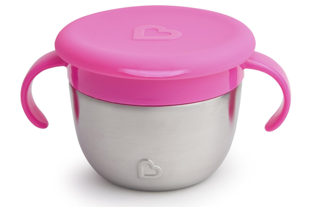 The Munchkin Stainless Steel Snack Catcher with Lid is a great snack cup for travelling with toddlers as they are compact and easy to use and clean.