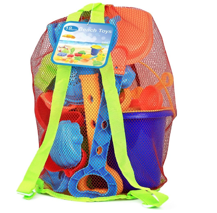 This backpack filles with buckets and sand molds is one of the best beach toys for toddlers