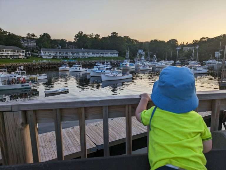 Best Ogunquit Restaurants for families - pictured: a toddler in Perkins Cove