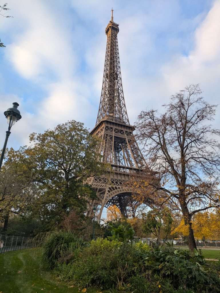 The Eiffel Tower surrounded by trees and a street lamp on the left, in Paris, France. Lines to visit these iconic attractions can be very long and not pre-booking tickets is one of the rookie mistakes to avoid in Paris.
