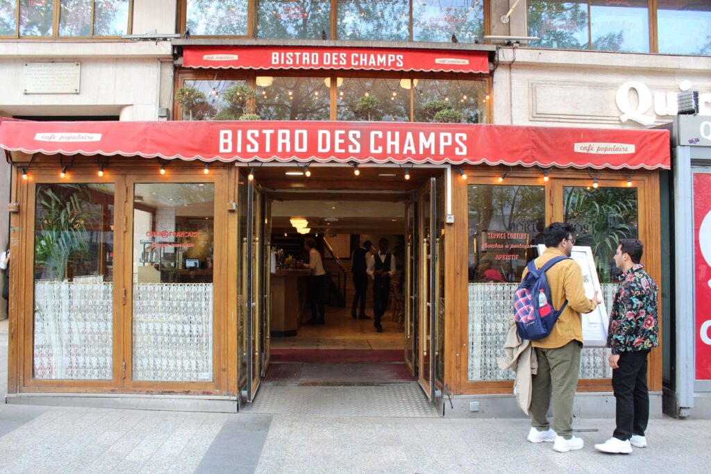 Brasserie des Champs entrance on the Champs-Élysées in Paris, France. It's a great restaurant for families near the Arc de Triomphe.