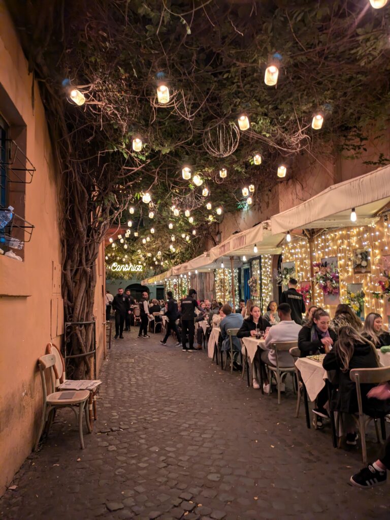 A lit up patio with people seated to eat dinner in Trastevere at night in Rome, Italy.
