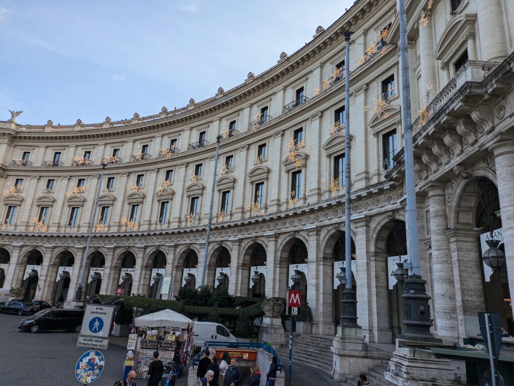 Star-shaped Christmas lights on buildings in Rome, Italy.