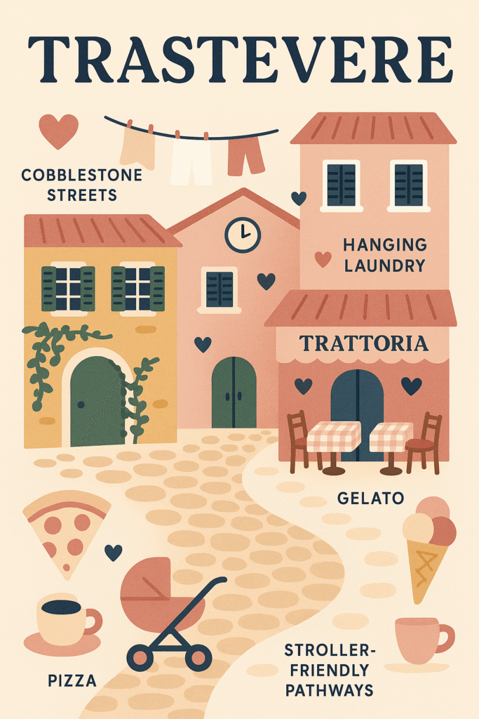 Trastevere infographic in the shades of light pink and dark blue.