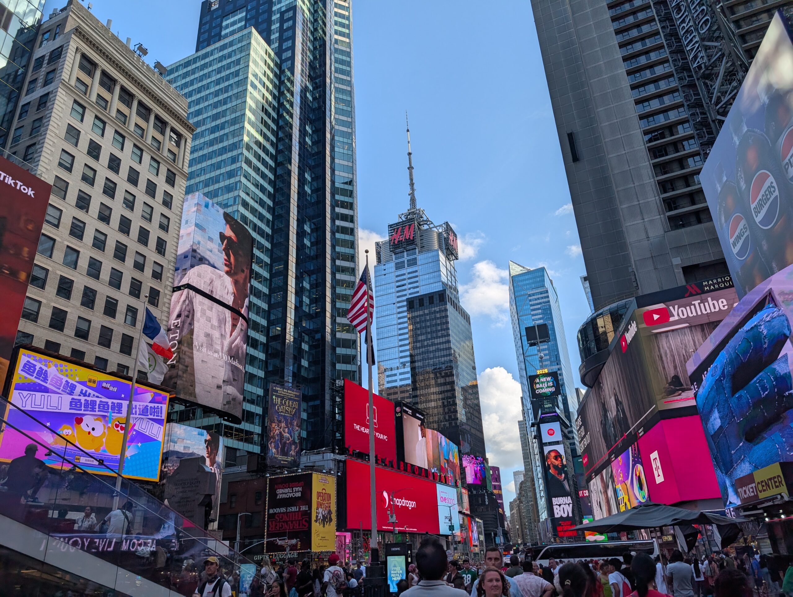 Buildings and bright screens at Times Square in New York.