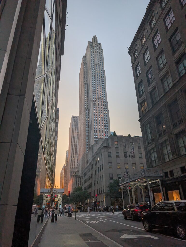 Rockefeller Center Tower at sunset in NYC.