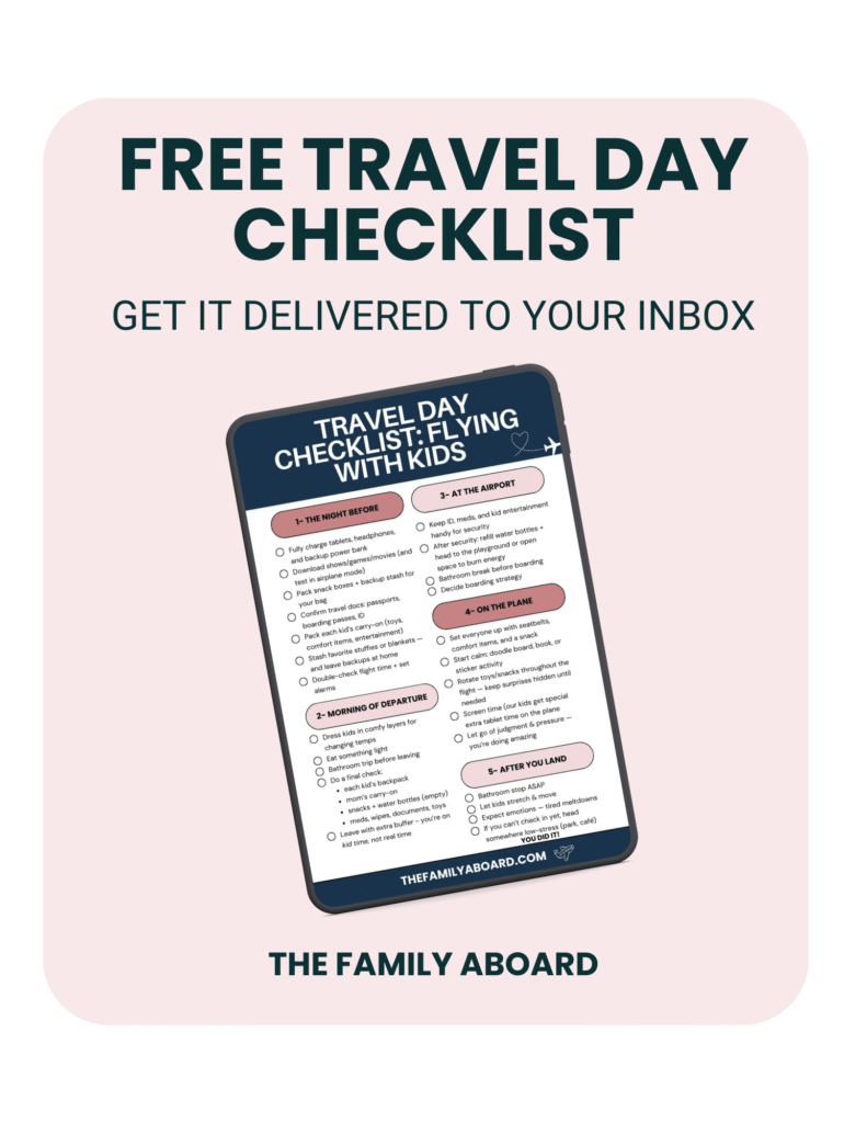 Mockup of The Family Aboard's free printable travel day checklist for families.