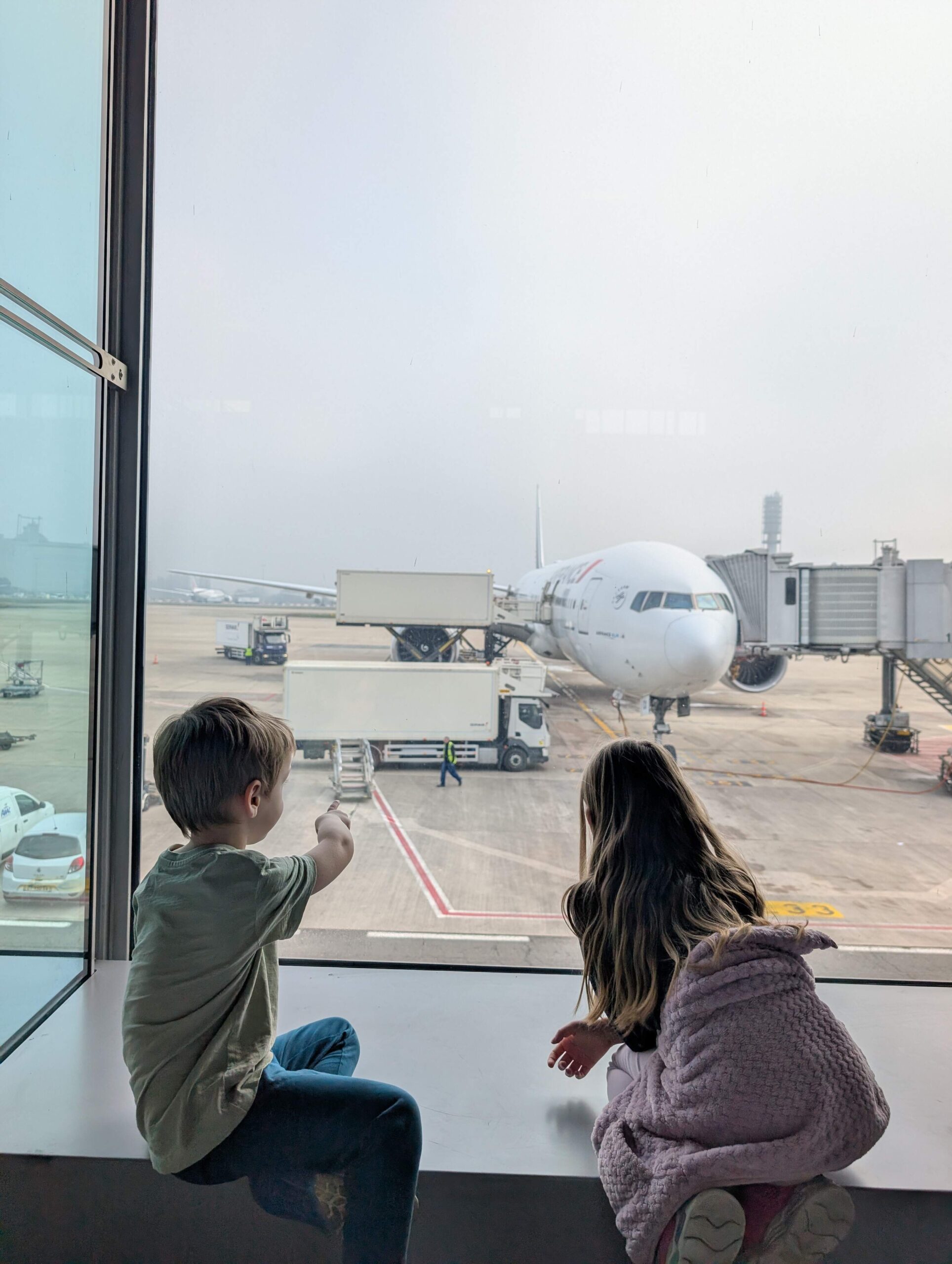 A pre-schooler boy pointing out of an airport window to his sister who is looking at a plane at Charles de Gaulles airport in Paris, France.