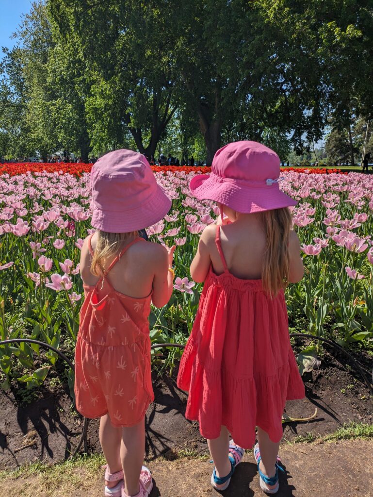 Two little blond haired girls with orange dresses and pink hats standing in front of tulips at the Tulip Festival in Ottawa, Canada.