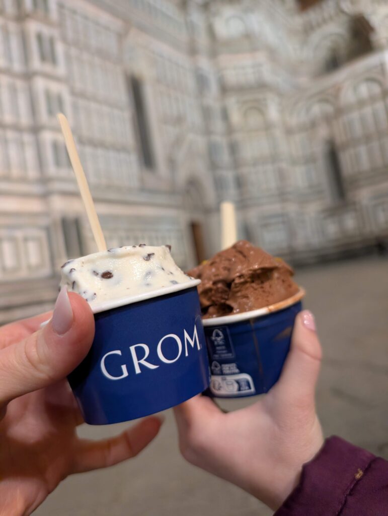 Two cups of gelatos from Grom in front of the Cathedral of Santa Maria del Fiore. Gelato breaks are a must when in Florence with kids!