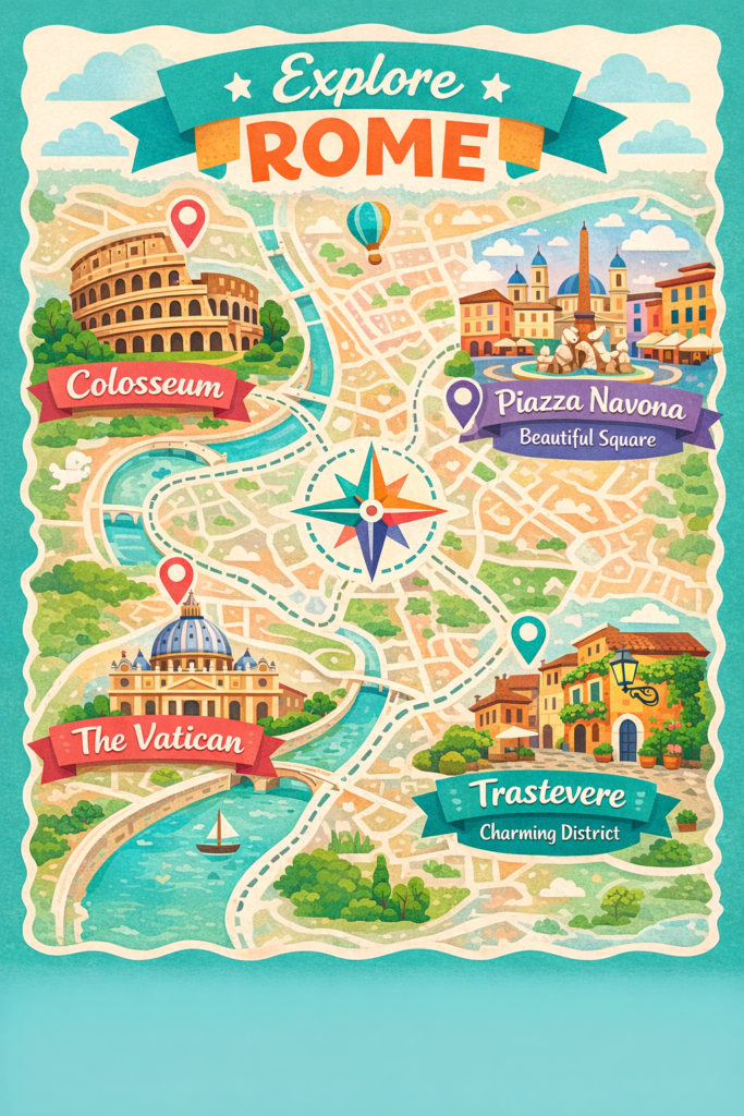 Infographic mapping out main areas to visit in Rome with kids.