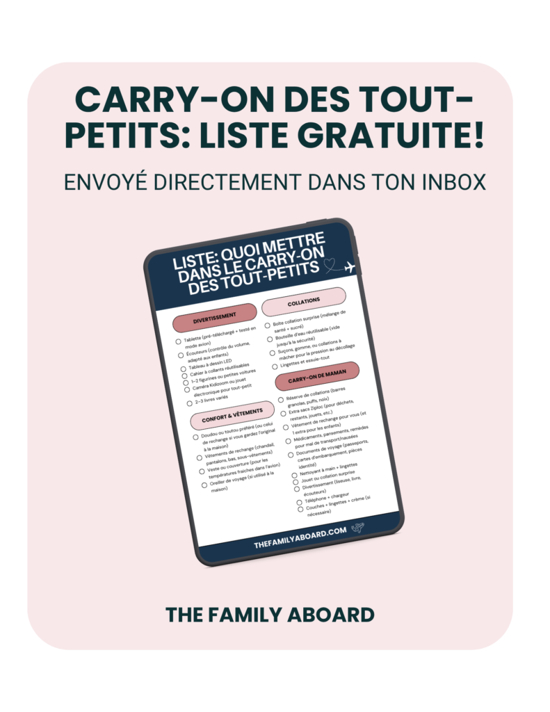 Affiche montrant la checklist gratuite pour savoir quoi mettre dans les carry-ons des tout-petits.